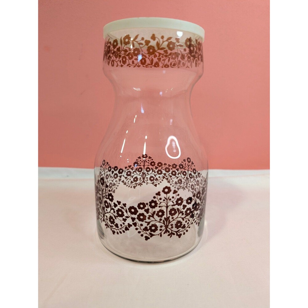 Vintage Libbey Glass Pitcher Decanter Retro Brown Floral Print with Lid